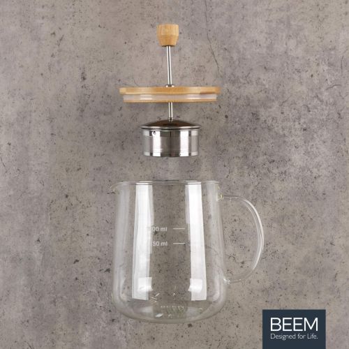  Beem TEEKANNE Glaskanne mit Teesieb - 1 l | Classic Selection | Hitzebestandiges Glas | Bambus | Abnehmbares Edelstahl-Sieb mit Hebefunktion | 8 Tassen
