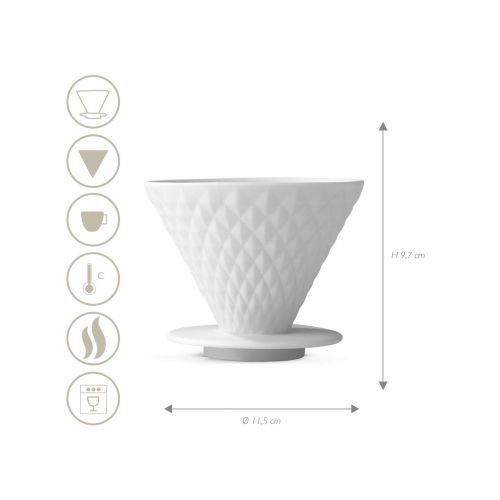  BEEM Beem Pour Over Kaffeefilter mit Standfuss ERL Erganzung | Porzellan | Handfilter mit Diamantoptik | Inklusive 10x Papierfilter Groesse 2 | Spuelmaschinengeeignet