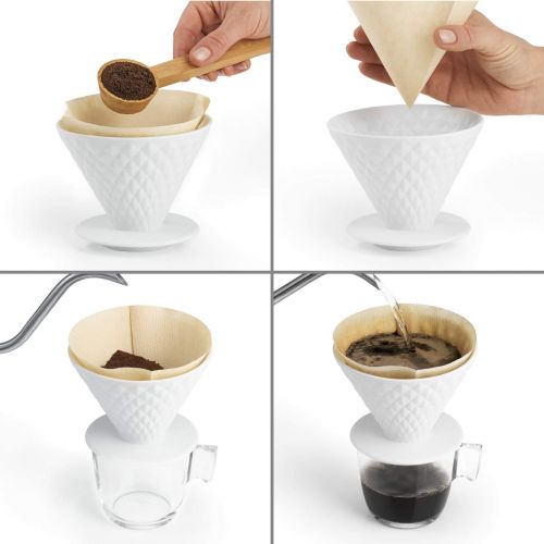  BEEM Beem Pour Over Kaffeefilter mit Standfuss ERL Erganzung | Porzellan | Handfilter mit Diamantoptik | Inklusive 10x Papierfilter Groesse 2 | Spuelmaschinengeeignet