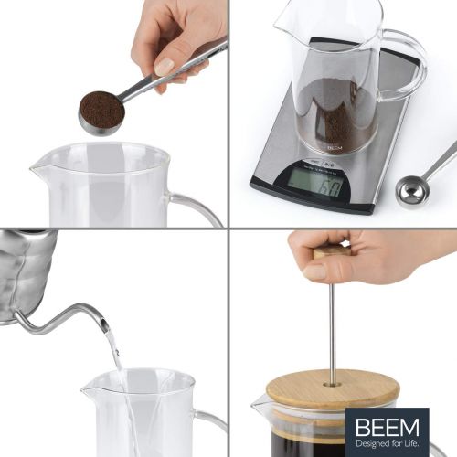  BEEM Coffee Press Kaffeebereiter - 0,35 l oder 1 L wahlbar | 2-3 & 8 Tassen | French Press | Bambus | Kaffeepresse | Glaskanne mit Bambusdeckel | Edelstahlfilter (1 L)