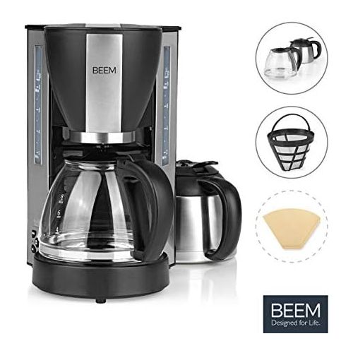  BEEM Beem Modelljahr 2019 Fresh-Aroma-Select Filterkaffeemaschine-Duo 1000 W | Glaskanne und Isolierkanne | Warmhaltefunktion | 8 Tassen (1L) | Permanentfilter und 24h Timer, Edelstahl,