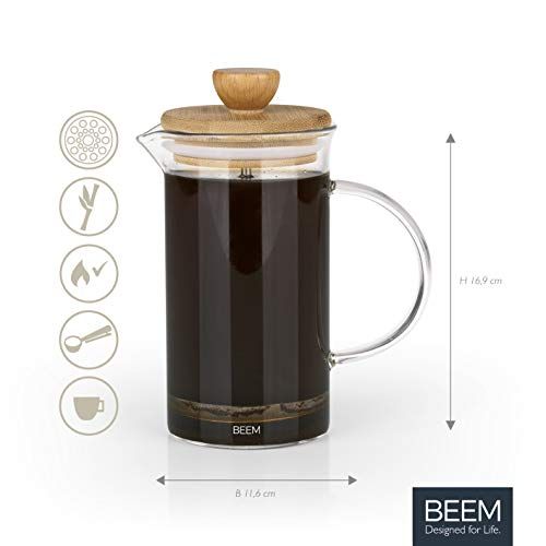  BEEM Coffee Press Kaffeebereiter - 0,35 l oder 1 L wahlbar | 2-3 & 8 Tassen | French Press | Bambus | Kaffeepresse | Glaskanne mit Bambusdeckel | Edelstahlfilter (0,35 Liter)