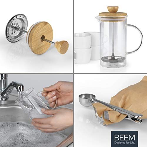  BEEM Coffee Press Kaffeebereiter - 0,35 l oder 1 L wahlbar | 2-3 & 8 Tassen | French Press | Bambus | Kaffeepresse | Glaskanne mit Bambusdeckel | Edelstahlfilter (0,35 Liter)