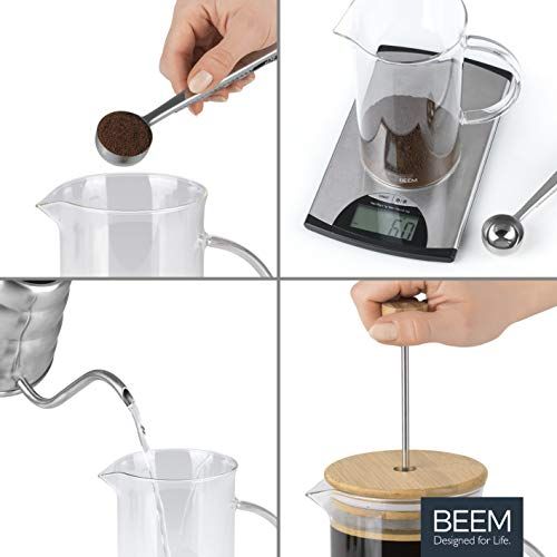  BEEM Coffee Press Kaffeebereiter - 0,35 l oder 1 L wahlbar | 2-3 & 8 Tassen | French Press | Bambus | Kaffeepresse | Glaskanne mit Bambusdeckel | Edelstahlfilter (1 Liter)