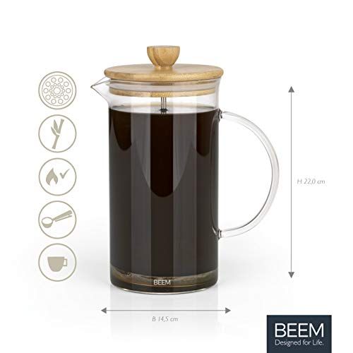  BEEM Coffee Press Kaffeebereiter - 0,35 l oder 1 L wahlbar | 2-3 & 8 Tassen | French Press | Bambus | Kaffeepresse | Glaskanne mit Bambusdeckel | Edelstahlfilter (1 Liter)