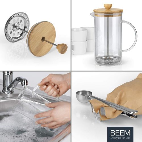  BEEM Coffee Press Kaffeebereiter - 0,35 l oder 1 L wahlbar | 2-3 & 8 Tassen | French Press | Bambus | Kaffeepresse | Glaskanne mit Bambusdeckel | Edelstahlfilter (1 Liter)