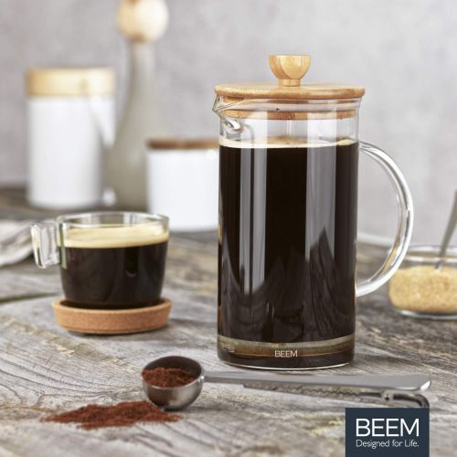  BEEM Coffee Press Kaffeebereiter - 0,35 l oder 1 L wahlbar | 2-3 & 8 Tassen | French Press | Bambus | Kaffeepresse | Glaskanne mit Bambusdeckel | Edelstahlfilter (1 Liter)