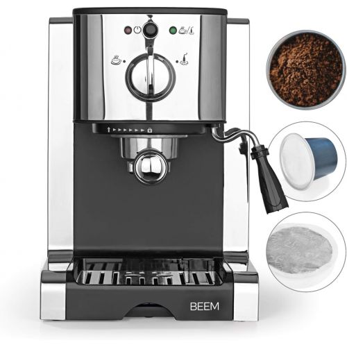  BEEM Espresso Perfect | Espresso-Siebtragermaschine mit Kapseleinsatz fuer Nespresso Kapseln | Milchschaumduese | Geeignet fuer Kaffeepulver, Pads, Cappuccino, Latte Macchiato [20 bar