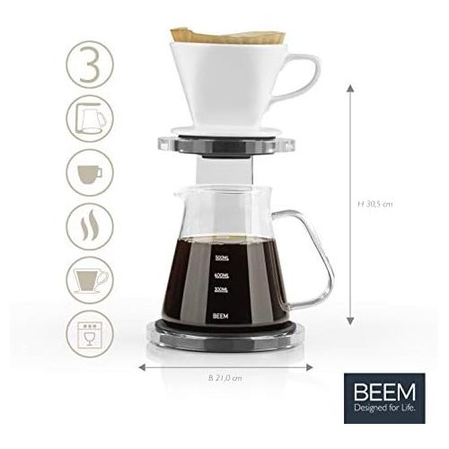  Beem Pour Over Kaffeebereiter Set - 5 Tassen | Classic Selection | 3-teilig | Spuelmaschinengeeigneter Keramik-Handfilter | Groesse 2 | 0,65 l Glaskanne | Modernes Acrylglas-Gestell m
