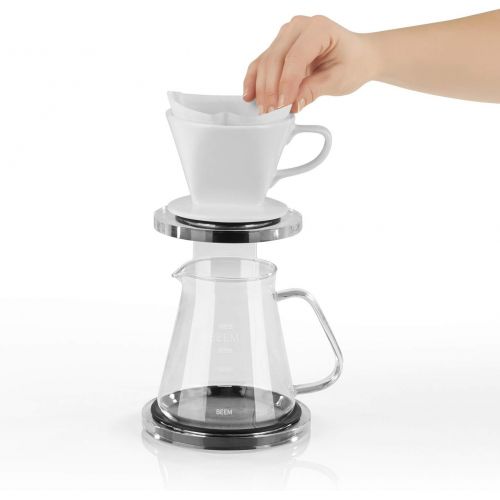  Beem Pour Over Kaffeebereiter Set - 5 Tassen | Classic Selection | 3-teilig | Spuelmaschinengeeigneter Keramik-Handfilter | Groesse 2 | 0,65 l Glaskanne | Modernes Acrylglas-Gestell m