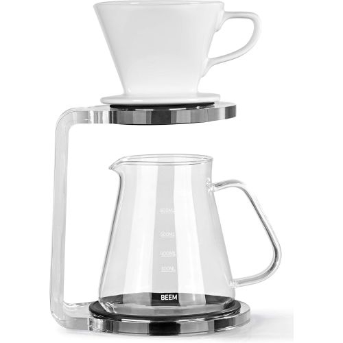  Beem Pour Over Kaffeebereiter Set - 5 Tassen | Classic Selection | 3-teilig | Spuelmaschinengeeigneter Keramik-Handfilter | Groesse 2 | 0,65 l Glaskanne | Modernes Acrylglas-Gestell m