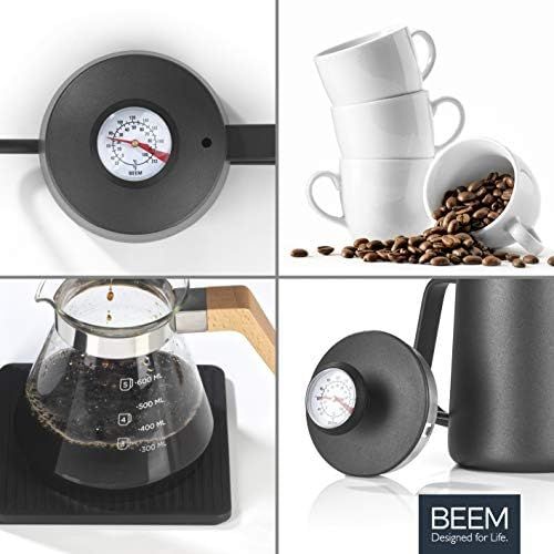  Beem Pour Over Wasserkessel mit Thermometer-0,5 l | Classic Selection | Edelstahl | Schwarz | Schwanenhals | 4 Tassen Kaffee oder Tee aufbruehen