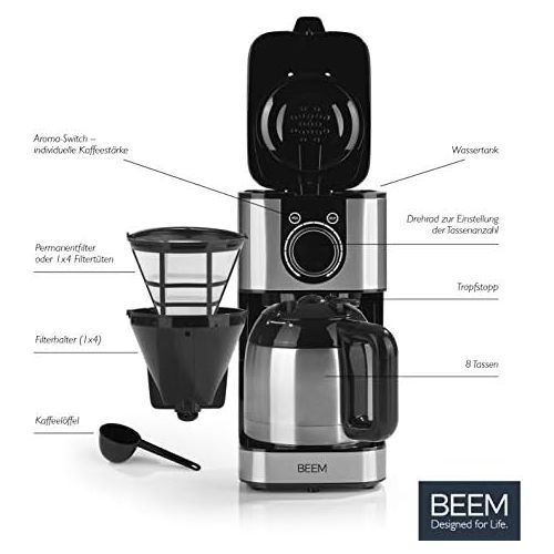  [아마존베스트]BEEM Fresh Aroma Switch Filter Coffee Machine  Thermo, Stainless Steel, 1 Litre Thermos Flask Stylish Control Wheel, 24-hour Timer, 800 W, for 4-8 Cups