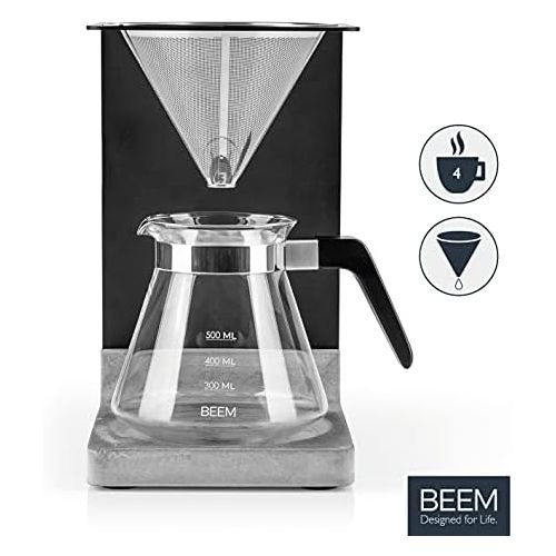  BEEM Pour Over Coffee Maker Set 4 Cups | Stainless Steel Permanent Filter (Size 2), 0.5 L Glass Jug, Concrete Base | Manual Coffee Brewing Art for a Particularly Mild Coffee Arom