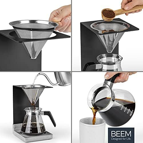  BEEM Pour Over Coffee Maker Set 4 Cups | Stainless Steel Permanent Filter (Size 2), 0.5 L Glass Jug, Concrete Base | Manual Coffee Brewing Art for a Particularly Mild Coffee Arom