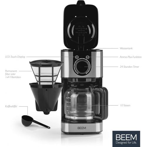  BEEM RESH AROMA SWITCH Filter Coffee Machine Glass | Stainless Steel | 1.25 L Glass Jug | Stylish Control Wheel | 24 Hour Timer | 800 W | For 4 8 Cups