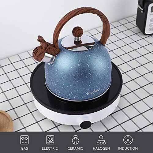  [아마존베스트]Tea Kettle, 2.3 Quart Tea Pot BELANKO Whistling Water Kettle, Food Grade Stainless Steel Teapot for Stovetops Gas Electric Induction with Wood Pattern Handle Loud Whistle - Blue