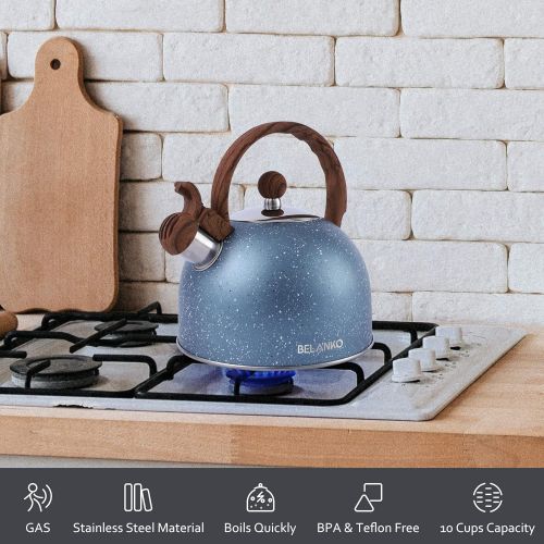  [아마존베스트]Tea Kettle, 2.3 Quart Tea Pot BELANKO Whistling Water Kettle, Food Grade Stainless Steel Teapot for Stovetops Gas Electric Induction with Wood Pattern Handle Loud Whistle - Blue