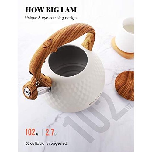  Tea Kettle, 2.7 Quart / 3 Liter BELANKO Stainless Steel Tea Kettles for Stove Top, Food Grade Teapot with Wood Pattern Handle Loud Whistling for Coffee, Milk etc, Gas Electric Appl