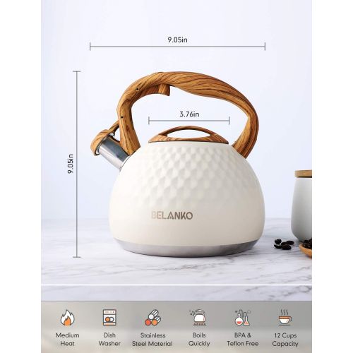  Tea Kettle, 2.7 Quart / 3 Liter BELANKO Stainless Steel Tea Kettles for Stove Top, Food Grade Teapot with Wood Pattern Handle Loud Whistling for Coffee, Milk etc, Gas Electric Appl