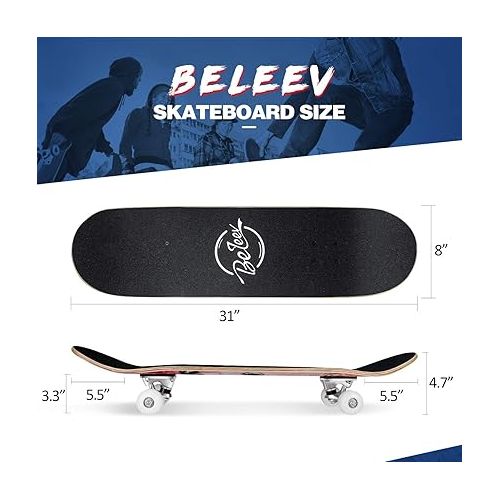  BELEEV Skateboards for Beginners, 31 x 8 inch Complete Skateboard for Kids Teens Adults, 7 Layer Canadian Maple Double Kick Deck Concave Cruiser Trick Skateboard with Multifunction Skate T-Tool