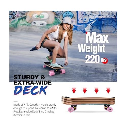  BELEEV Cruiser Skateboards for Beginners, 27 x 8 inch Complete Skateboard for Kids Teens Adults, 7 Ply Canadian Maple Double Kick Deck Concave Skateboard with Skate T-Tool