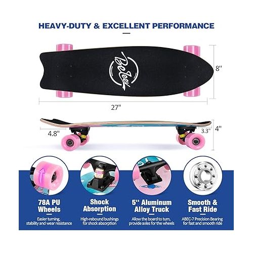  BELEEV Cruiser Skateboards for Beginners, 27 x 8 inch Complete Skateboard for Kids Teens Adults, 7 Ply Canadian Maple Double Kick Deck Concave Skateboard with Skate T-Tool