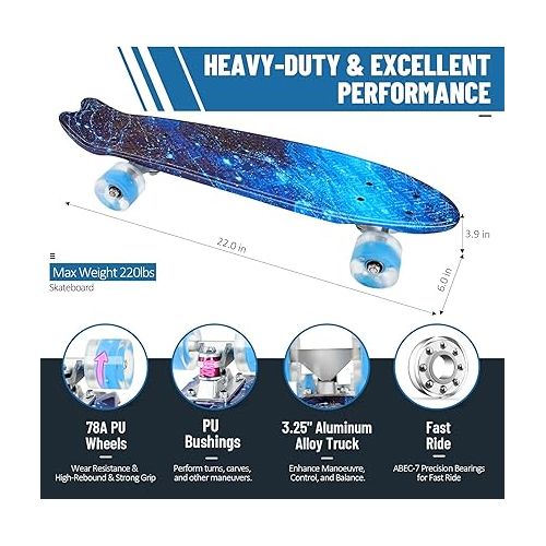  BELEEV 22 inch Skateboards for Kids, Cruiser Skateboard for Beginners Girls Boys Teens Adults, Mini Skateboards Classic Complete Skate Board with Skate T-Tool, Max Load 220 LBS