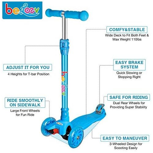  BELEEV Scooters for Kids 3 Wheel Kick Scooter for Toddlers Girls & Boys, 4 Adjustable Height, Lean to Steer, Extra-Wide Deck, Light Up Wheels for Children from 3 to 14 Years Old