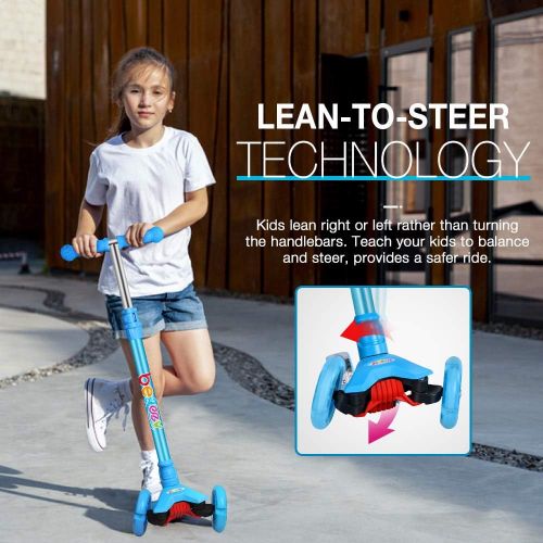  BELEEV Scooters for Kids 3 Wheel Kick Scooter for Toddlers Girls & Boys, 4 Adjustable Height, Lean to Steer, Extra-Wide Deck, Light Up Wheels for Children from 3 to 14 Years Old