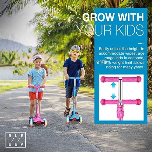  BELEEV Scooters for Kids 3 Wheel Kick Scooter for Toddlers Girls & Boys, 4 Adjustable Height, Lean to Steer, Extra-Wide Deck, Light Up Wheels for Children from 3 to 14 Years Old