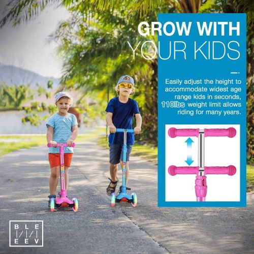  BELEEV Scooters for Kids 3 Wheel Kick Scooter for Toddlers Girls & Boys, 4 Adjustable Height, Lean to Steer, Extra-Wide Deck, Light Up Wheels for Children from 3 to 14 Years Old