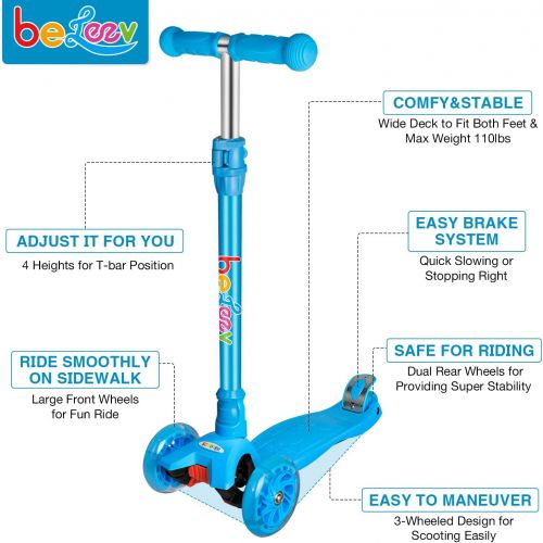  BELEEV Scooters for Kids 3 Wheel Kick Scooter for Toddlers Girls & Boys, 4 Adjustable Height, Lean to Steer, Extra-Wide Deck, Light Up Wheels for Children from 3 to 14 Years Old