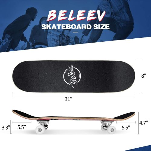  Beleev Skateboards for Beginners, 31 Inch Complete Skateboard for Kids Teens Adults, 7 Layer Canadian Maple Double Kick Deck Concave Cruiser Trick Skateboard