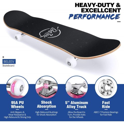  Beleev Skateboards for Beginners, 31 Inch Complete Skateboard for Kids Teens Adults, 7 Layer Canadian Maple Double Kick Deck Concave Cruiser Trick Skateboard