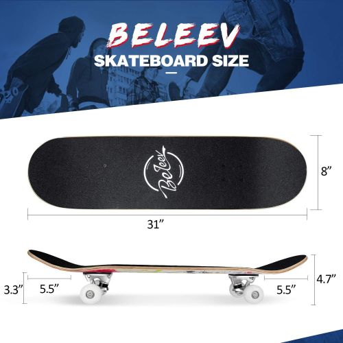  Beleev Skateboards for Beginners, 31 Inch Complete Skateboard for Kids Teens Adults, 7 Layer Canadian Maple Double Kick Deck Concave Cruiser Trick Skateboard