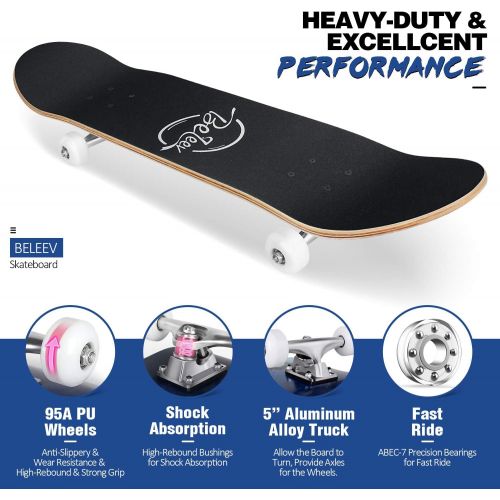  Beleev Skateboards for Beginners, 31 Inch Complete Skateboard for Kids Teens Adults, 7 Layer Canadian Maple Double Kick Deck Concave Cruiser Trick Skateboard