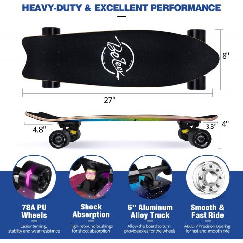  Beleev Cruiser Skateboards for Beginners, 27 Inch Complete Skateboard for Kids Teens Adults, 7 Layer Canadian Maple Double Kick Deck Concave Trick Skateboard