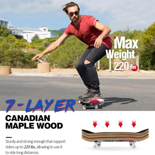  Beleev Skateboards for Beginners, 31 Inch Complete Skateboard for Kids Teens Adults, 7 Layer Canadian Maple Double Kick Deck Concave Cruiser Trick Skateboard (Rose Graffiti)