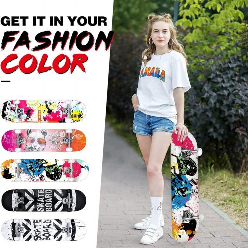  Beleev Skateboards for Beginners, 31 Inch Complete Skateboard for Kids Teens Adults, 7 Layer Canadian Maple Double Kick Deck Concave Cruiser Trick Skateboard (Rose Graffiti)