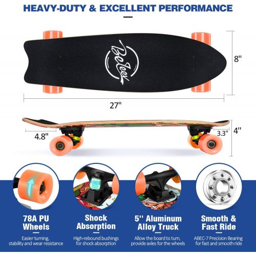  Beleev Cruiser Skateboards for Beginners, 27 Inch Complete Skateboard for Kids Teens Adults, 7 Layer Canadian Maple Double Kick Deck Concave Trick Skateboard