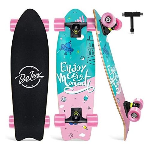  Beleev Cruiser Skateboards for Beginners, 27 Inch Complete Skateboard for Kids Teens Adults, 7 Layer Canadian Maple Double Kick Deck Concave Trick Skateboard