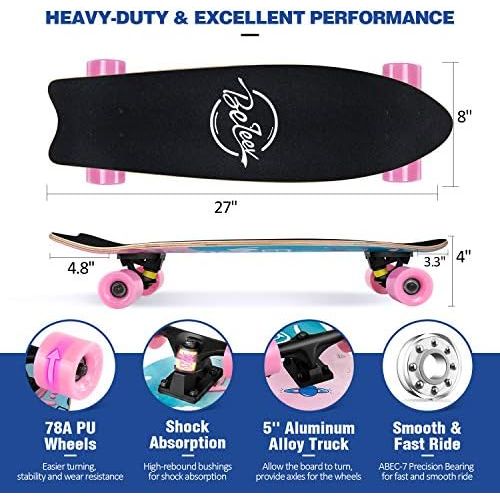  Beleev Cruiser Skateboards for Beginners, 27 Inch Complete Skateboard for Kids Teens Adults, 7 Layer Canadian Maple Double Kick Deck Concave Trick Skateboard