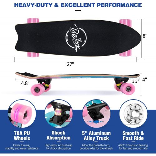  Beleev Cruiser Skateboards for Beginners, 27 Inch Complete Skateboard for Kids Teens Adults, 7 Layer Canadian Maple Double Kick Deck Concave Trick Skateboard