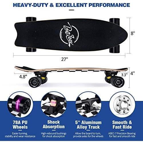  Beleev Cruiser Skateboards for Beginners, 27 Inch Complete Skateboard for Kids Teens Adults, 7 Layer Canadian Maple Double Kick Deck Concave Trick Skateboard