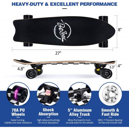  Beleev Cruiser Skateboards for Beginners, 27 Inch Complete Skateboard for Kids Teens Adults, 7 Layer Canadian Maple Double Kick Deck Concave Trick Skateboard