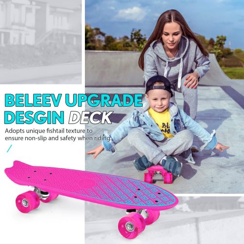  Beleev Skateboards for Kids, Cruiser Skateboard for Beginners Girls Boys Teens, 22 Inch Mini Skateboards Classic Complete Skate Board with Colorful Wheels