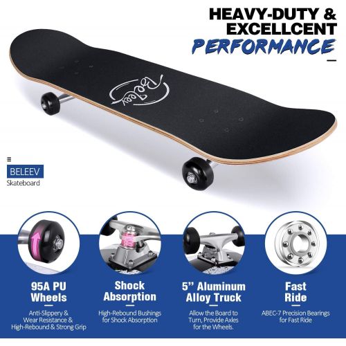  Beleev Skateboards for Beginners, 31 Inch Complete Skateboard for Kids Teens Adults, 7 Layer Canadian Maple Double Kick Deck Concave Cruiser Trick Skateboard