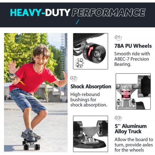  Beleev Skateboards for Kids, Cruiser Skateboard for Beginners Girls Boys Teens, 22 Inch Mini Skateboards Classic Complete Skate Board with Colorful Wheels