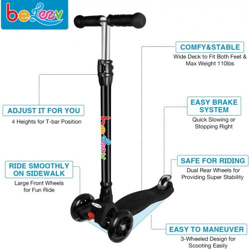  Beleev Scooters for Kids 3 Wheel Kick Scooter for Toddlers Girls & Boys, 4 Adjustable Height, Lean to Steer, Extra-Wide Deck, Light Up Wheels for Children from 3 to 14 Years Old